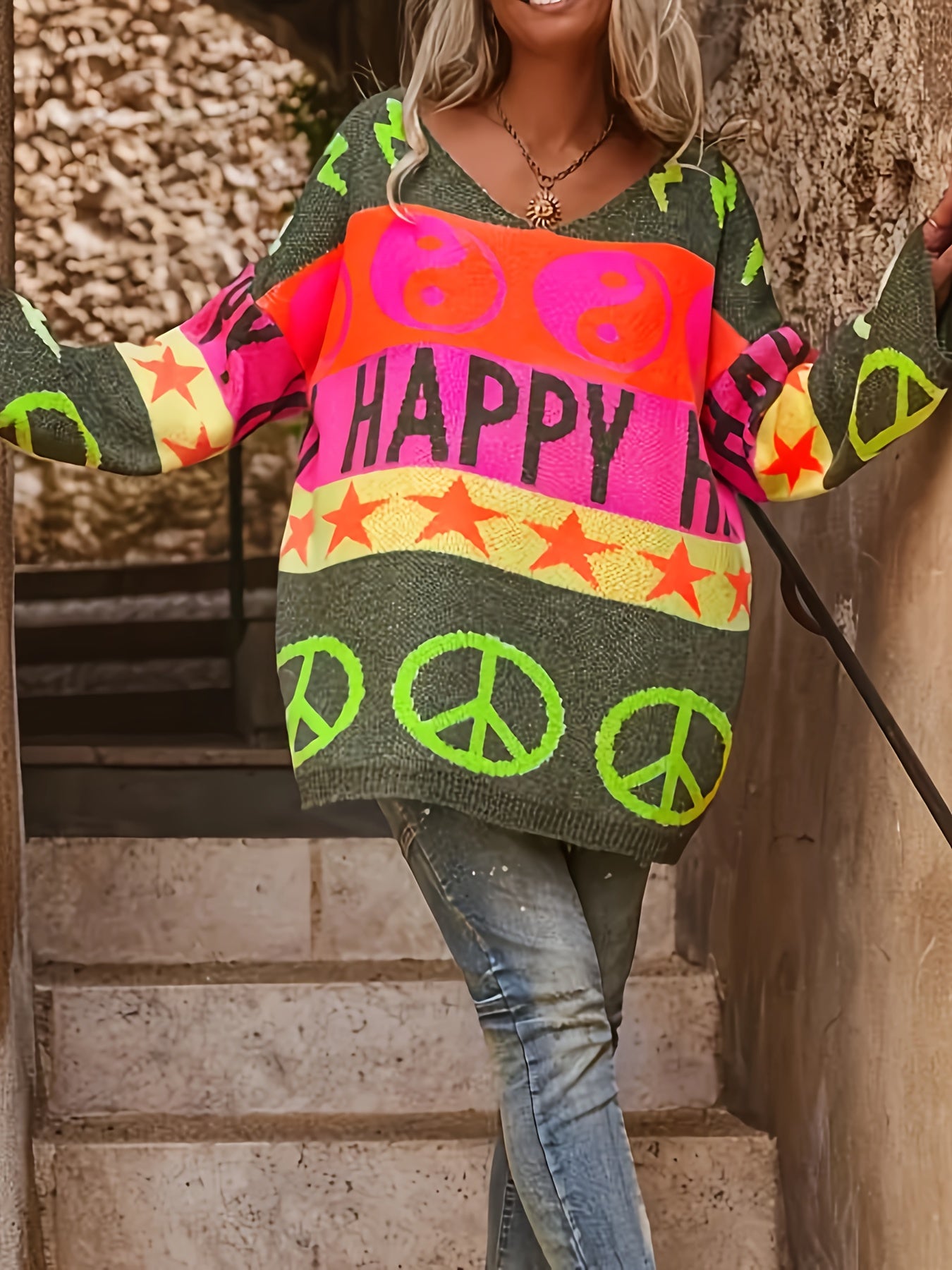 Women’s Plus Size V-Neck Sweater with Peace Sign and Star Print Green Orange