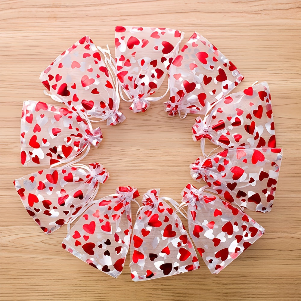 Zargarlik buyumlari va sovgʻalar uchun 100 ta yurak shaklidagi tarmoq sovgʻa sumkasi toʻplami, tortish uchun ip bilan