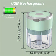 USB bilan qayta to'ldiriladigan elektr sarimsoq maydalagich, 250mL sig'imli, 6 ta almashtiriladigan pichoq, shaffof korpus va USB quvvatlash kabeli bilan.