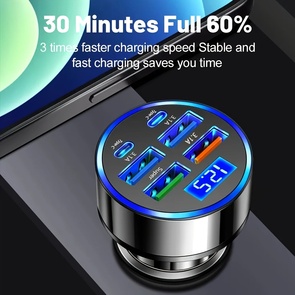 6-in-1 Fast Charging Car Charger Dual PD USB QC3.0 LED Display Metallic
