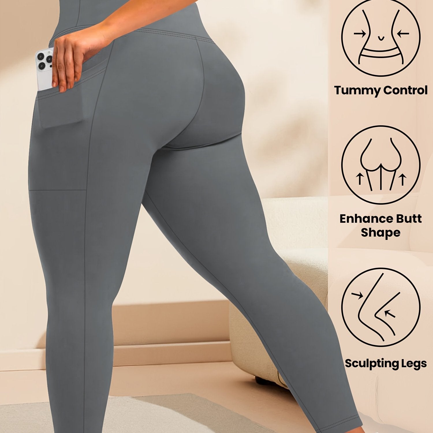 Plus Size High Waist Leggings with Pockets Solid Color Knit Fabric