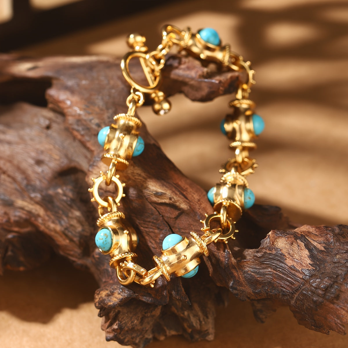 Gold-Plated Alloy Bracelet for Women with Turquoise Accents and Geometric Links