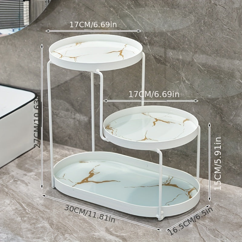 Golden Metal Cosmetic Organizer with 3 Tiers Marble Pattern Vanity Bathroom Storage