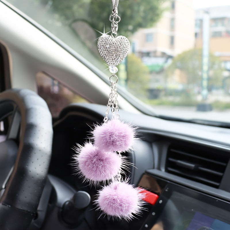Women Girls Rhinestone Plush Ball Car Ornament Bling Love Heart