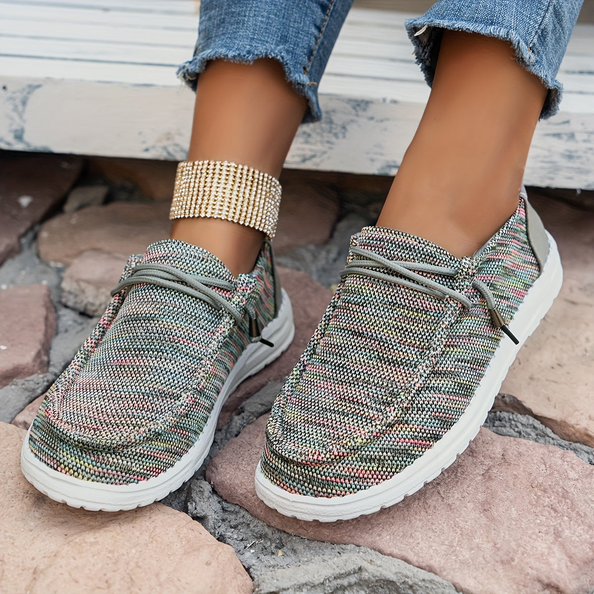 Women's Knit Slip-On Shoes with Round Toe Breathable Anti-Slip Flat Sole