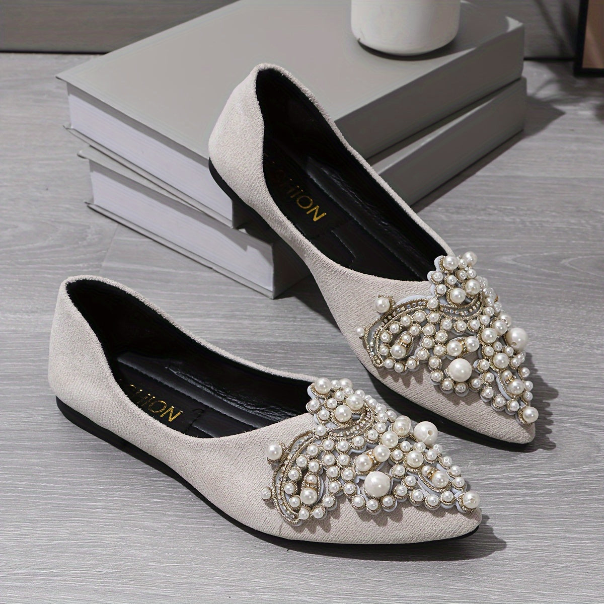 Women's Slip-On Flats with Faux Pearl and Rhinestone Embellishments Lightweight Pointed Toe Shoes for All Seasons