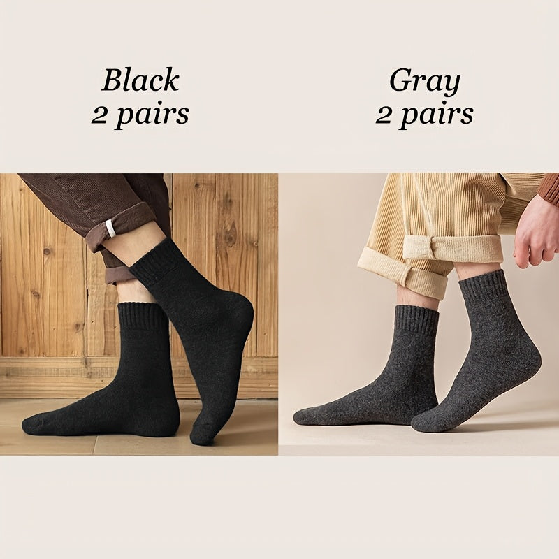 Men's Thick Warm Crew Socks Solid Color Polyester Blend for Fall Winter Set of 4