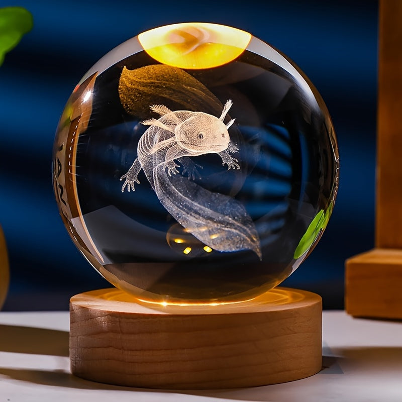 3D Axolotl Crystal Ball with Wooden Light Base Decorative Gift for Home or Birthday