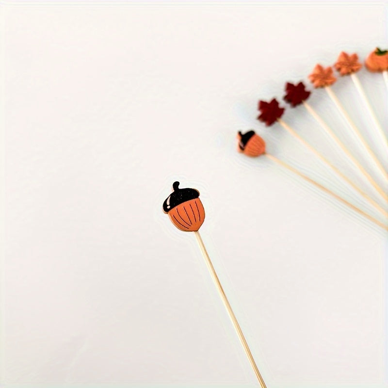 Bamboo Cocktail Picks for Appetizers and Fruit Skewers with Decorative Leaves Pumpkins and Acorns Set of 50