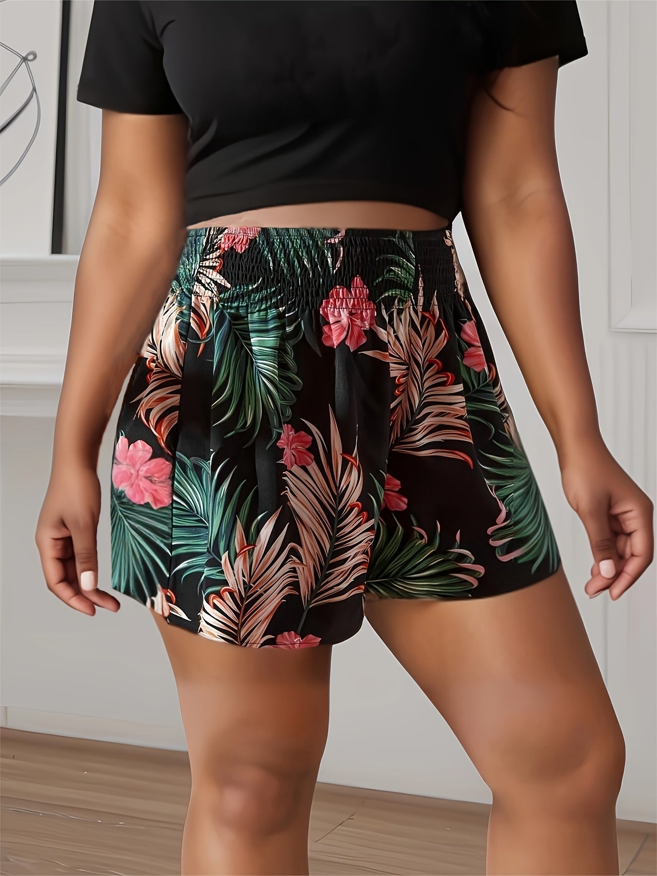 Women's Wide-Leg Beach Shorts Breathable Plus Size Tropical Floral