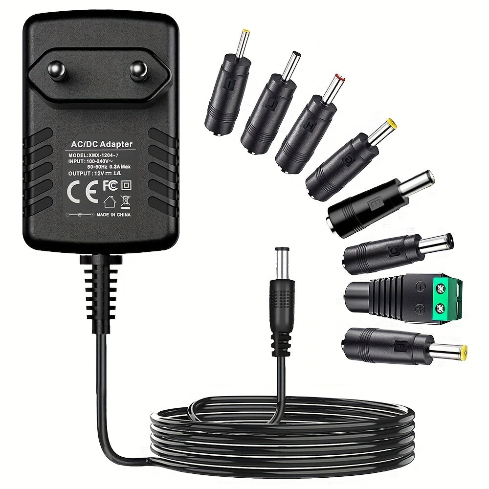 12V 1A AC/DC Power Adapter with 8 DC Plugs for LED Strips Routers Cameras