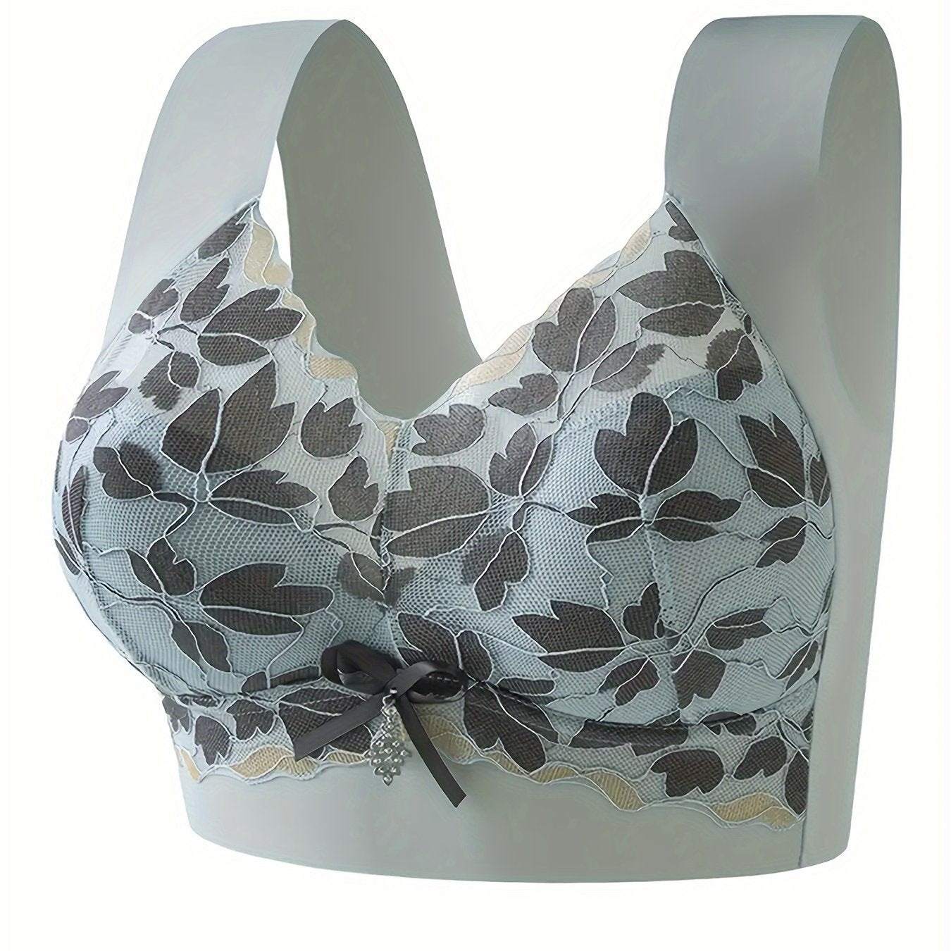 Lingerie Leaf Lace Bra with Bow Accents Wireless Push-Up Wide Strap