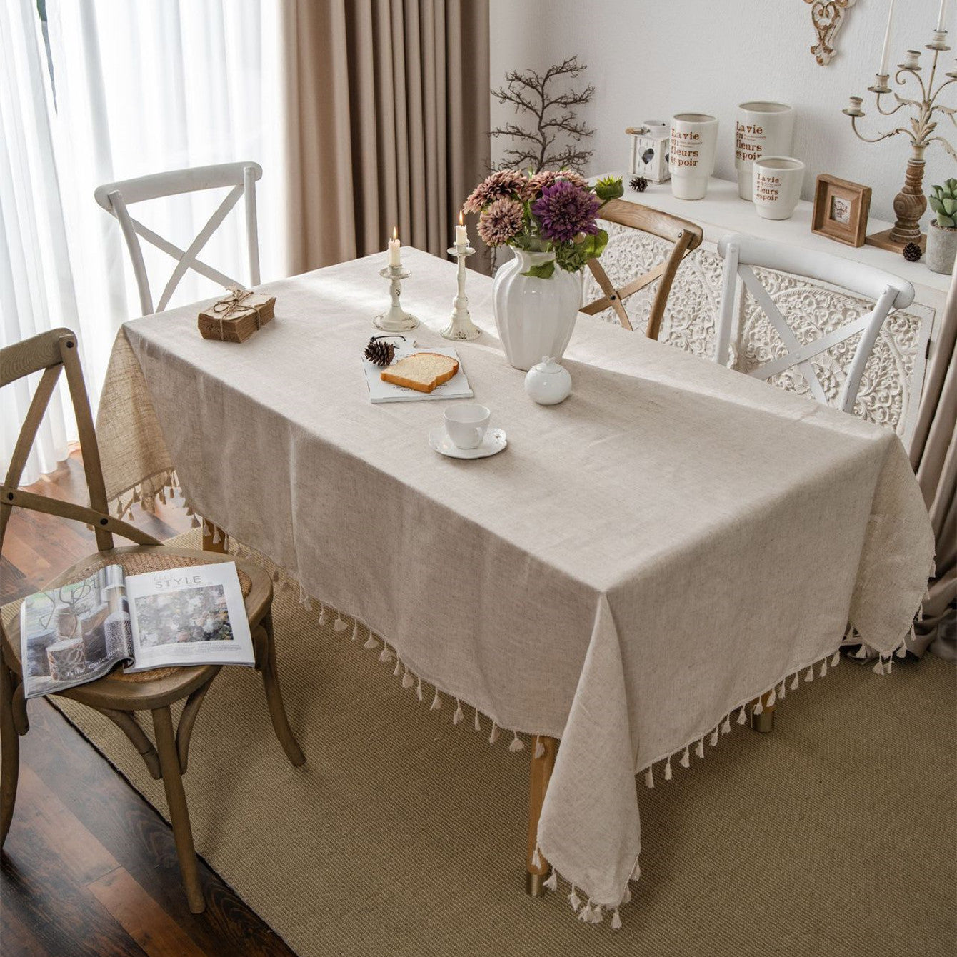 Beige Linen Farmhouse-Style Tablecloth with Fringed Edges for Holidays and Events