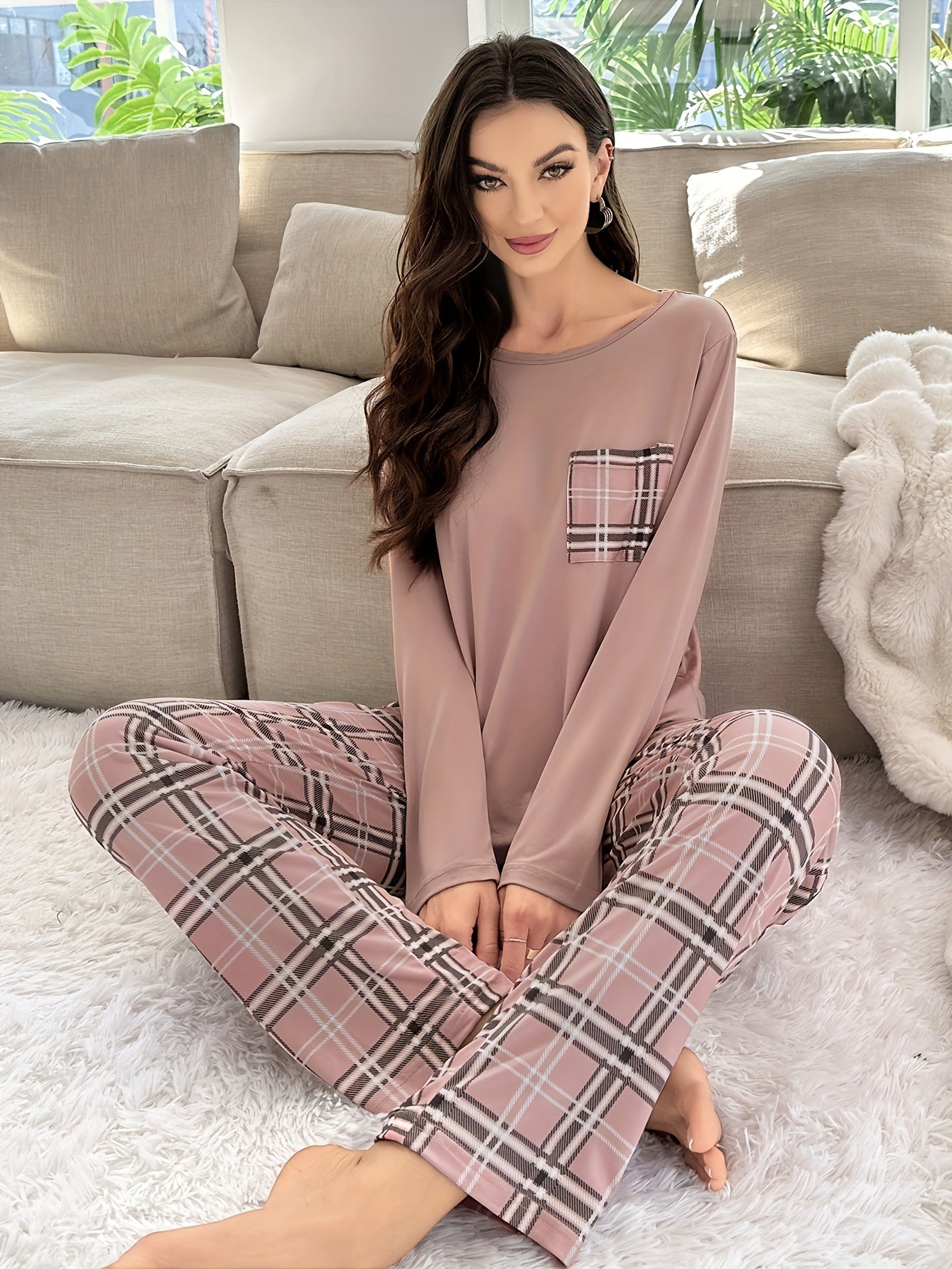 Women's Plaid Pajama Set Long Sleeve Crew Neck Fall Winter Casual