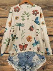 Women's Plus Size Floral Butterfly Pattern Knitted Pullover Crew Neck Long Sleeve Top
