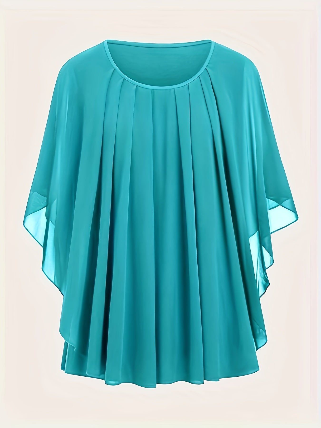 Plus Size Solid Pleated Batwing Sleeve Blouse with Crew Neck for Spring and Summer