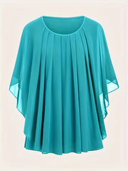 Plus Size Solid Pleated Batwing Sleeve Blouse with Crew Neck for Spring and Summer