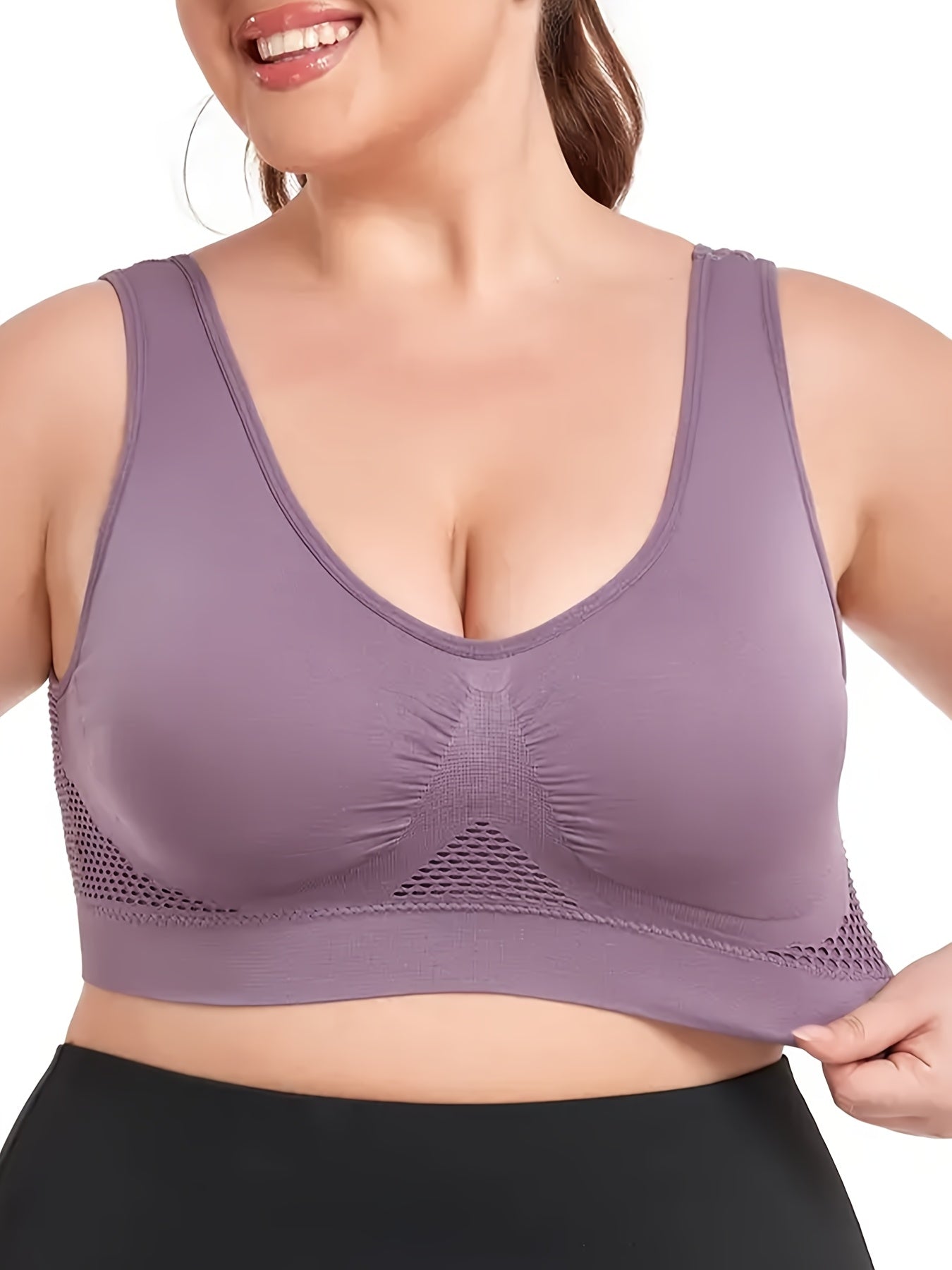 Plus Size Women's Breathable Mesh Wireless Padded Sports Bra Light Pink