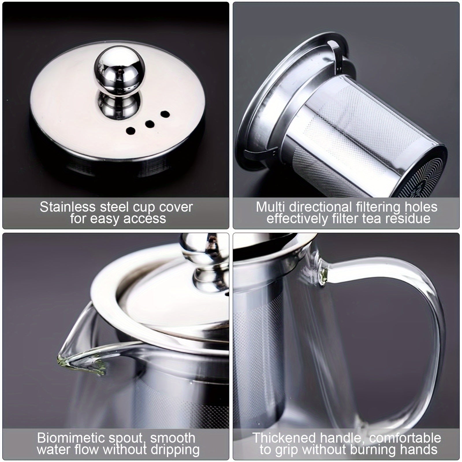 Tetera de vidrio de 450ml con infusor de acero inoxidable y doble filtro para té de hojas sueltas