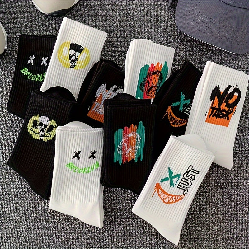 Set of 5 Black and White Graffiti Mid-Calf Sports Socks for Men and Women