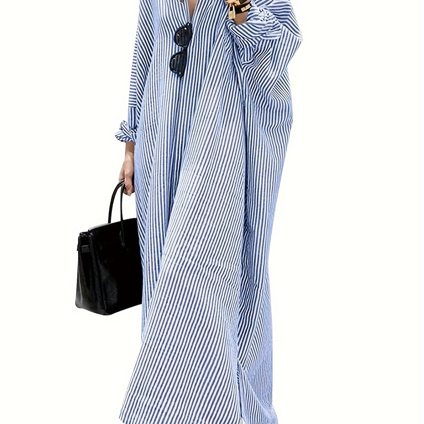Women's Striped Long Sleeve Shirt Dress Polyester V-Neck Solid Spring Fall
