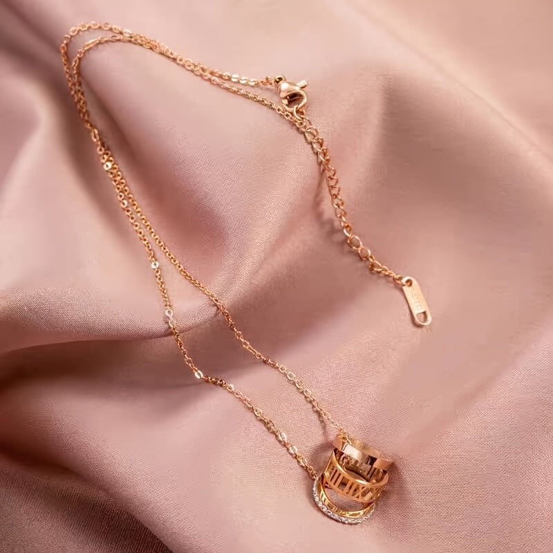 Women’s Gold Plated Necklace with Roman Numerals and Cubic Zirconia Stainless Steel Jewelry