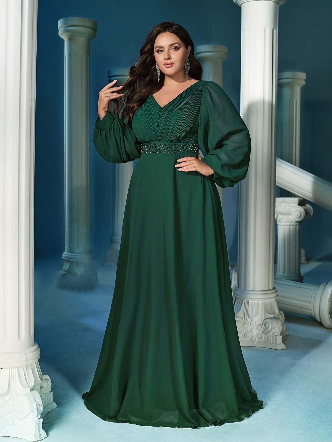 Women Emerald Green Rhinestone V-Neck Lantern Sleeve Evening Gown