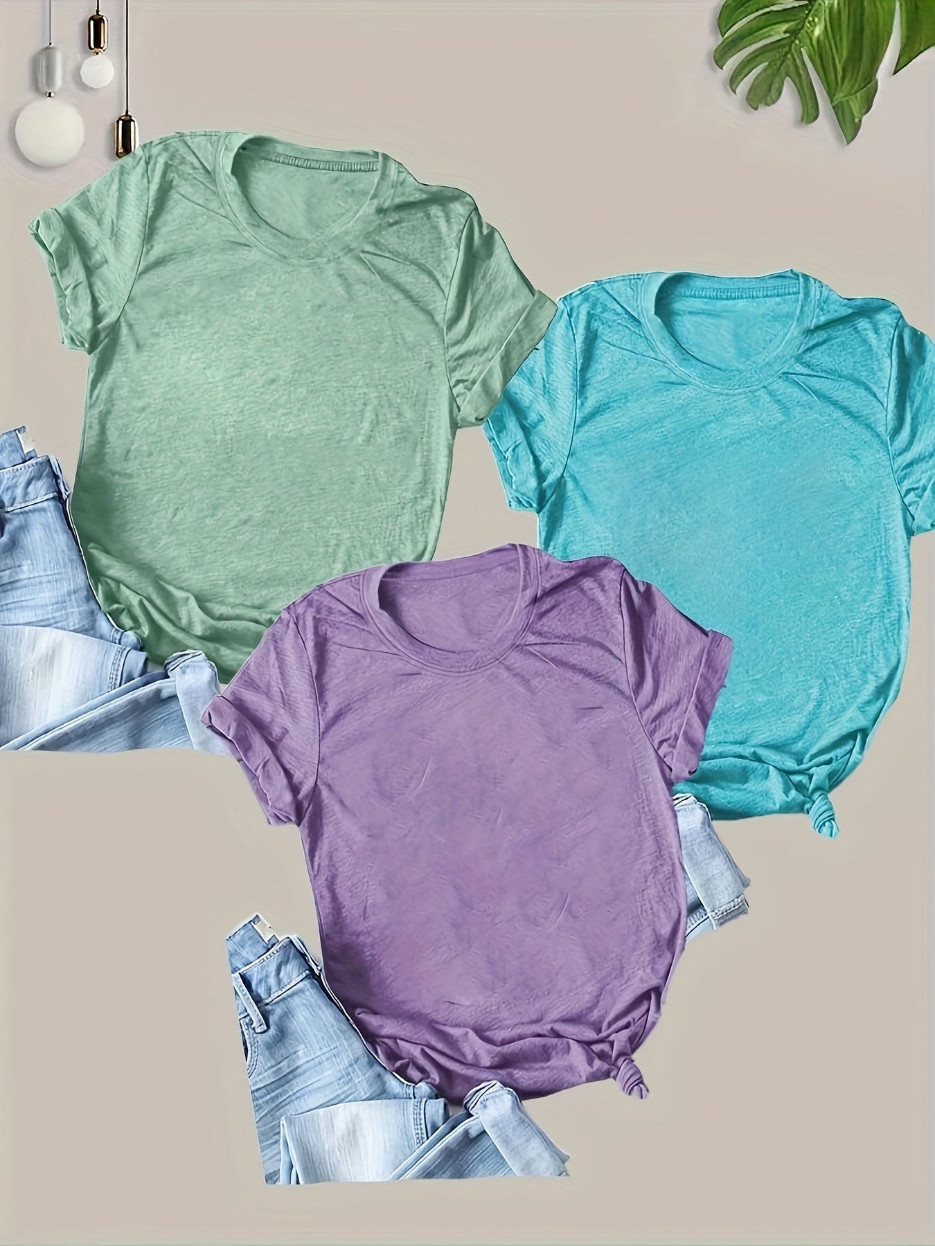 Pack de 3 camisetas casuales de manga corta para mujer, colores sólidos, punto transpirable