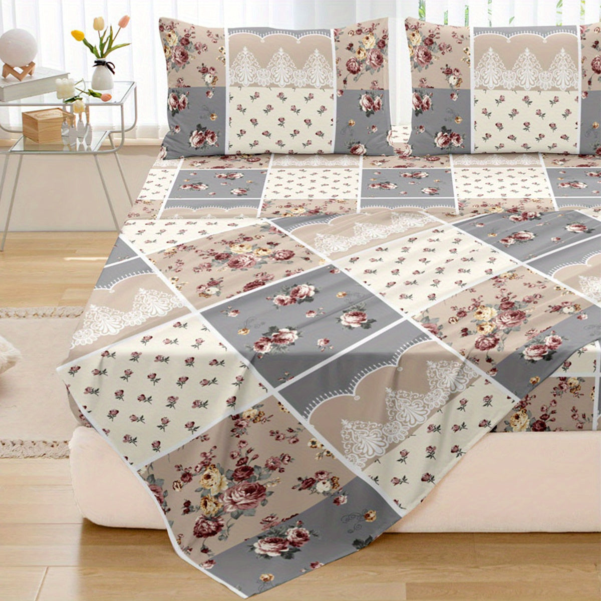 Set of 4 Flower Stitching Print Fitted Sheets Bedding Set Soft Breathable for Bedroom Guest Room Dorm