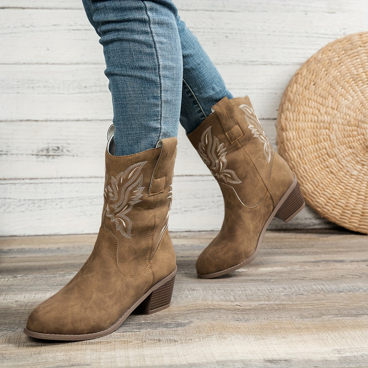 Women's Floral Ankle Boots Slip-On Mid-Heel Casual Faux Leather All-Season