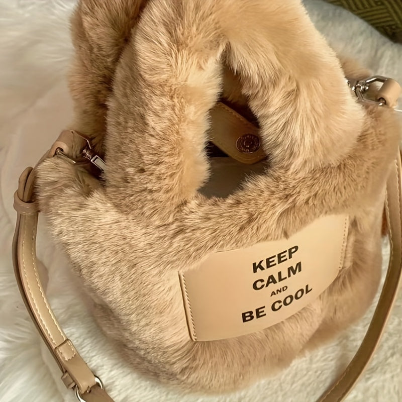 Women's Khaki Faux Fur Bucket Bag with Magnetic Closure and Spacious Interior