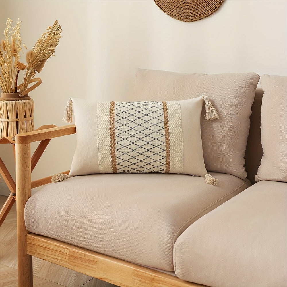 Bohemian Fringe Pillow Cover Geometric Pattern Orange Beige White Cushion Case for Sofa Decor