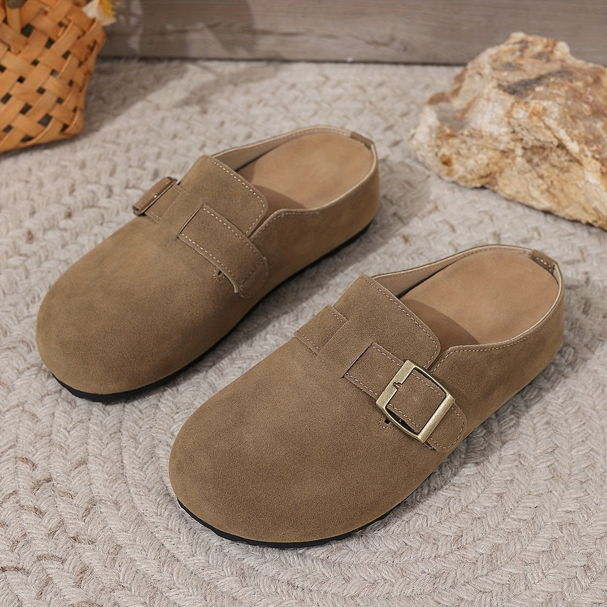 Women's Faux Leather Slip-On Mules Brown Green Buckle Casual Summer Comfort