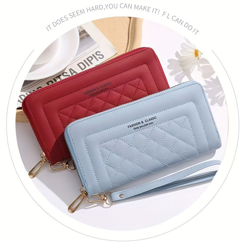 Women's Quilted Faux Leather Clutch Wallet with Wristlet in Red Black Burgundy