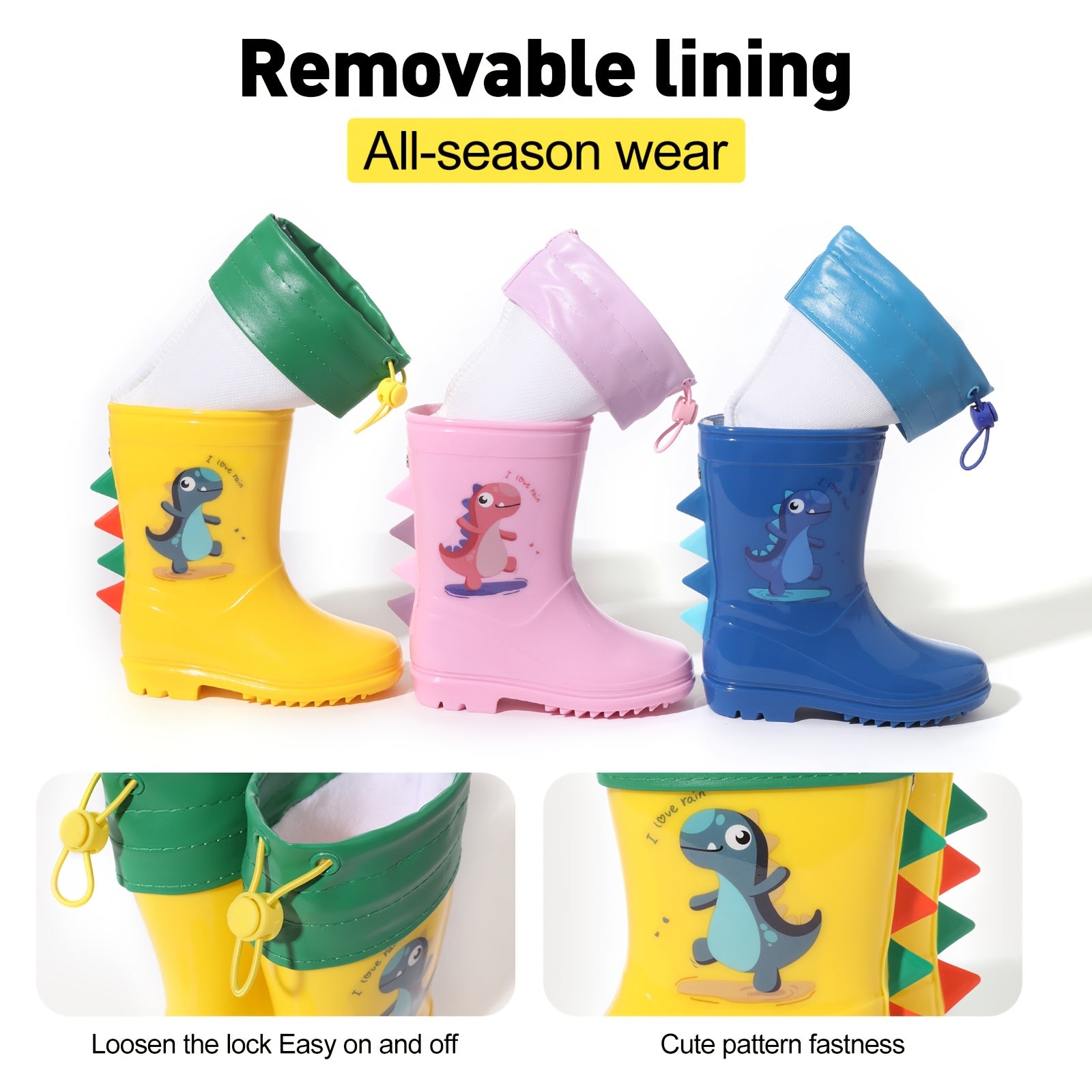 Kids Dinosaur Rain Boots Waterproof Non-Slip Thermal Detachable All-Season