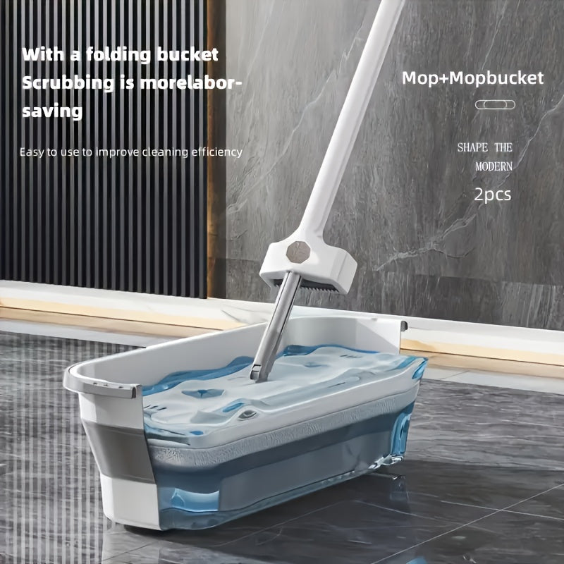 2-in-1 Flat Mop Set with Telescopic Handle Microfiber Pads and Bucket