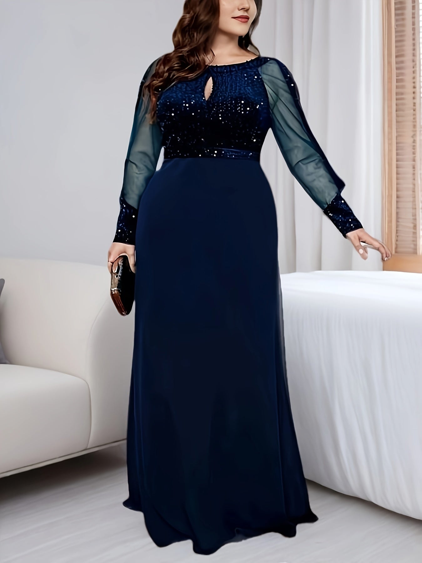 Women's Sequin Long Sleeve Gown Polyester Formal Party Dress