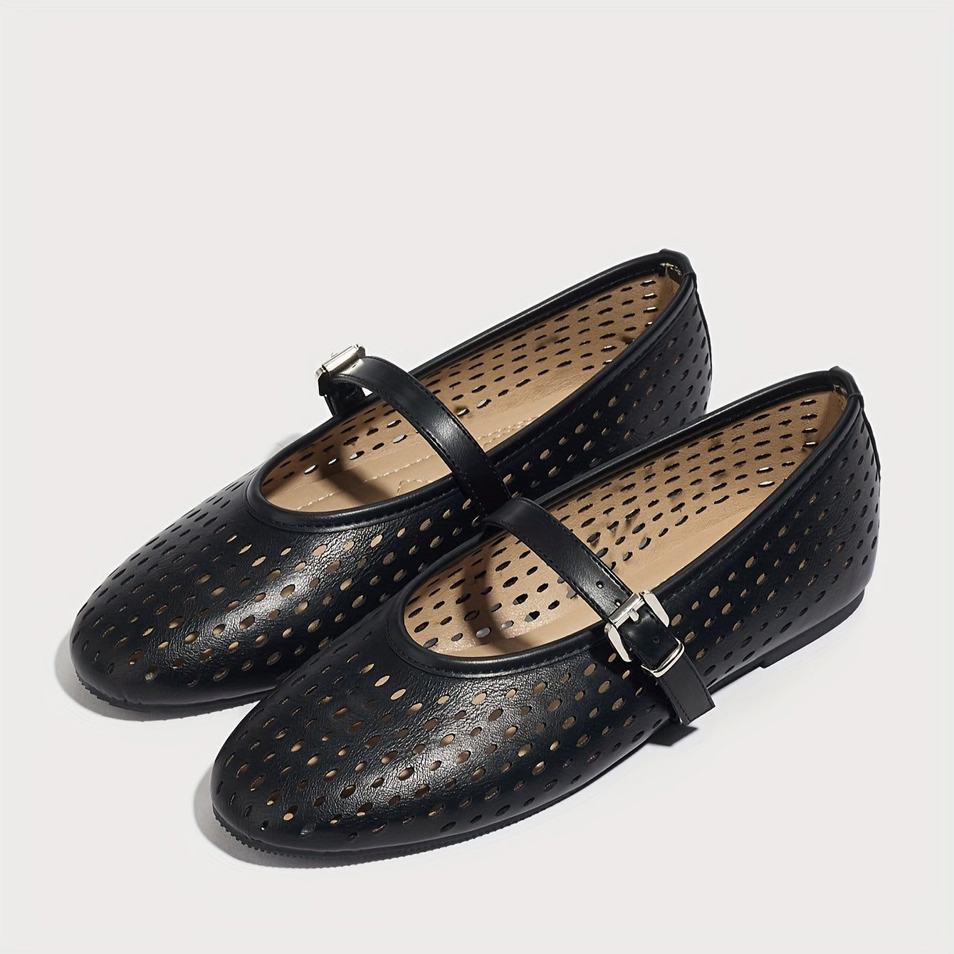 Women's Breathable Cut-Out Mary Jane Flats Synthetic Ballet Shoes with Adjustable Buckle