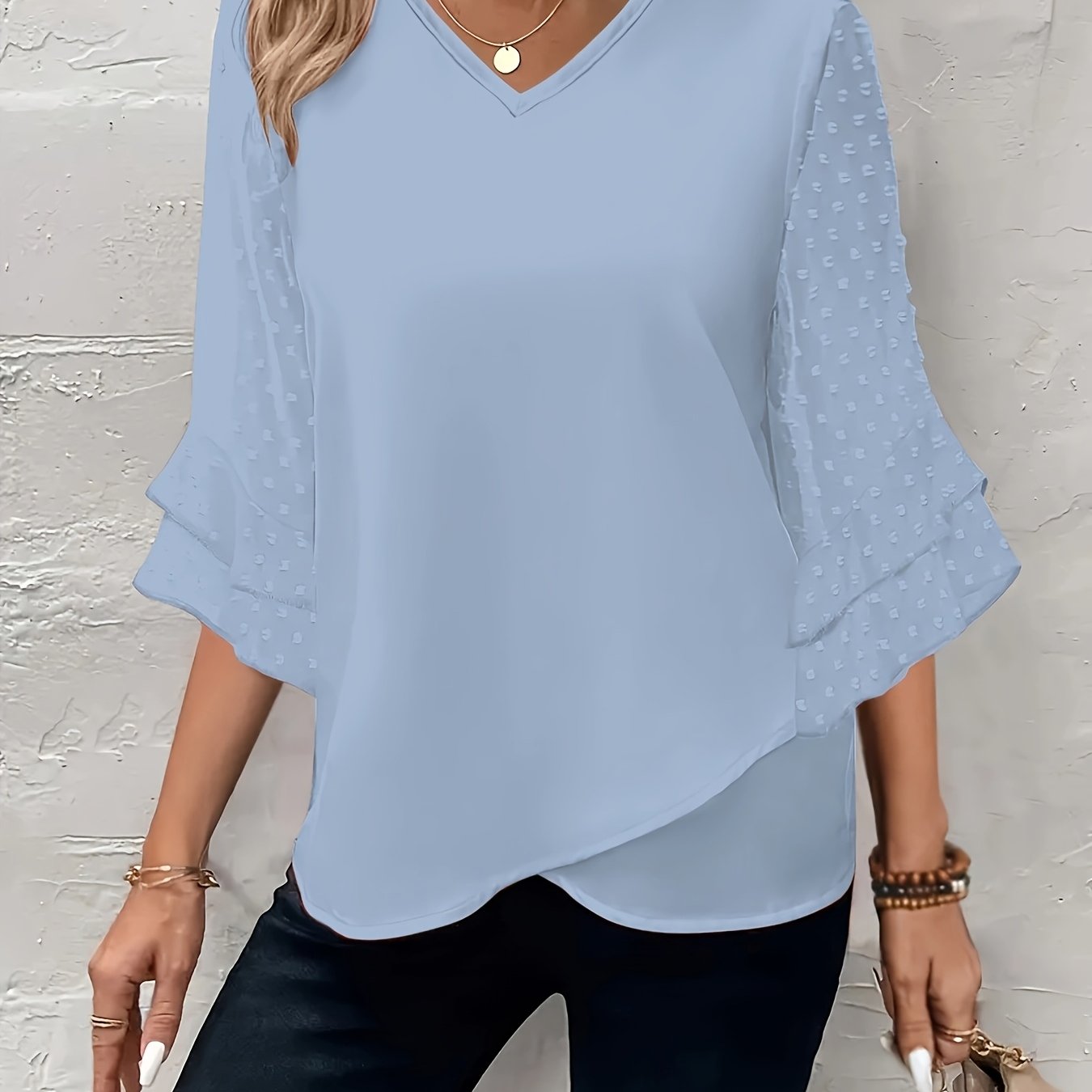 Plus Size Women's V-Neck Blouse with Ruffle Sleeves Solid Color Lightweight Polyester