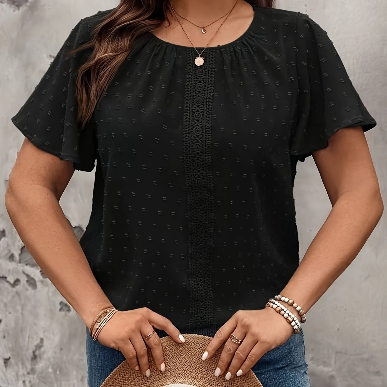 Plus Size Women's Smocked Blouse Black Short Sleeve Casual Formal Top