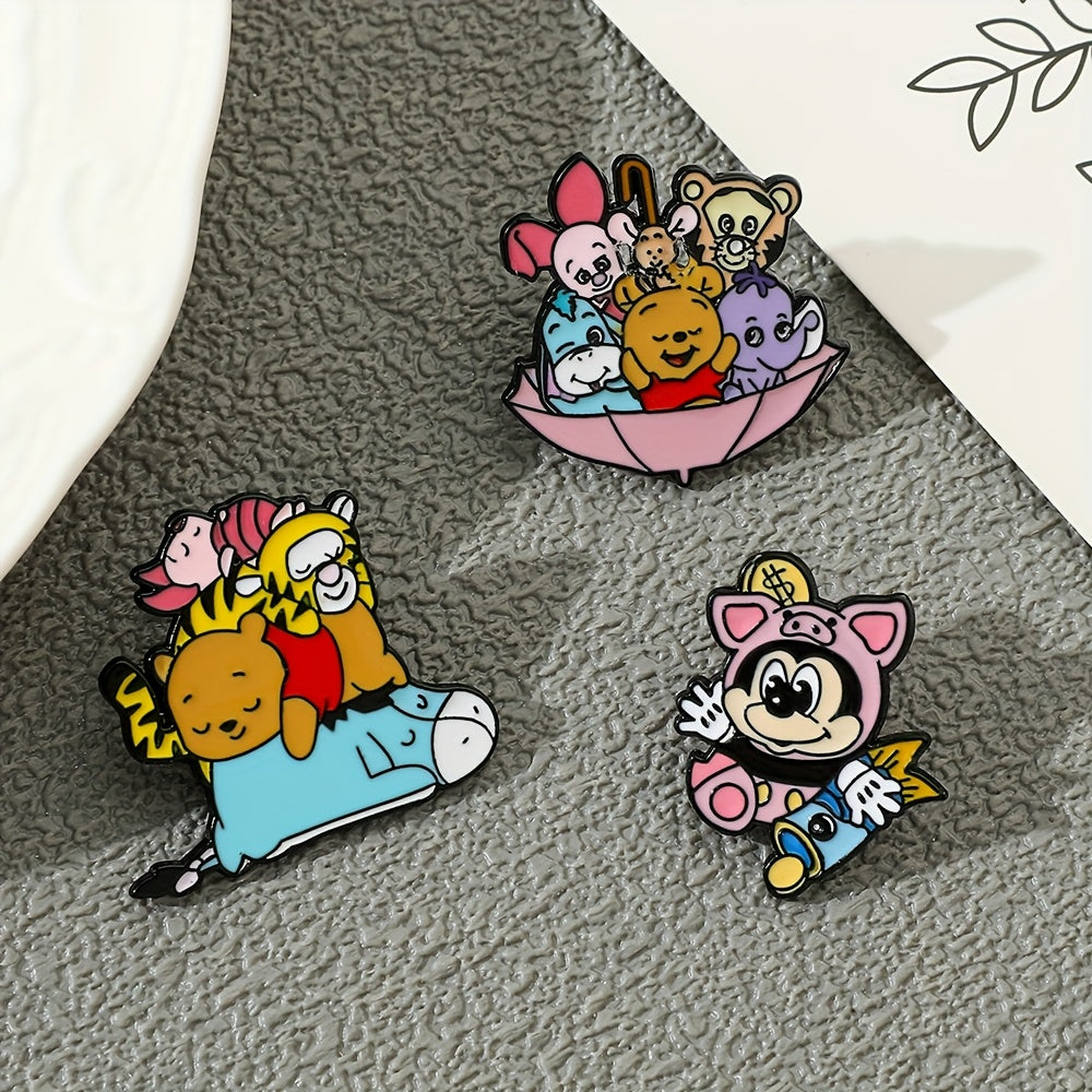 Set of 3 Cartoon Animal Enamel Brooch Pins Alloy Metal Irregular Shape for Clothing and Backpacks