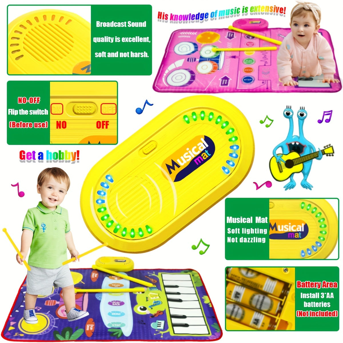 Alfombra de juego musical interactiva y set de batería para niños con sonido colorido e instrumentos duales