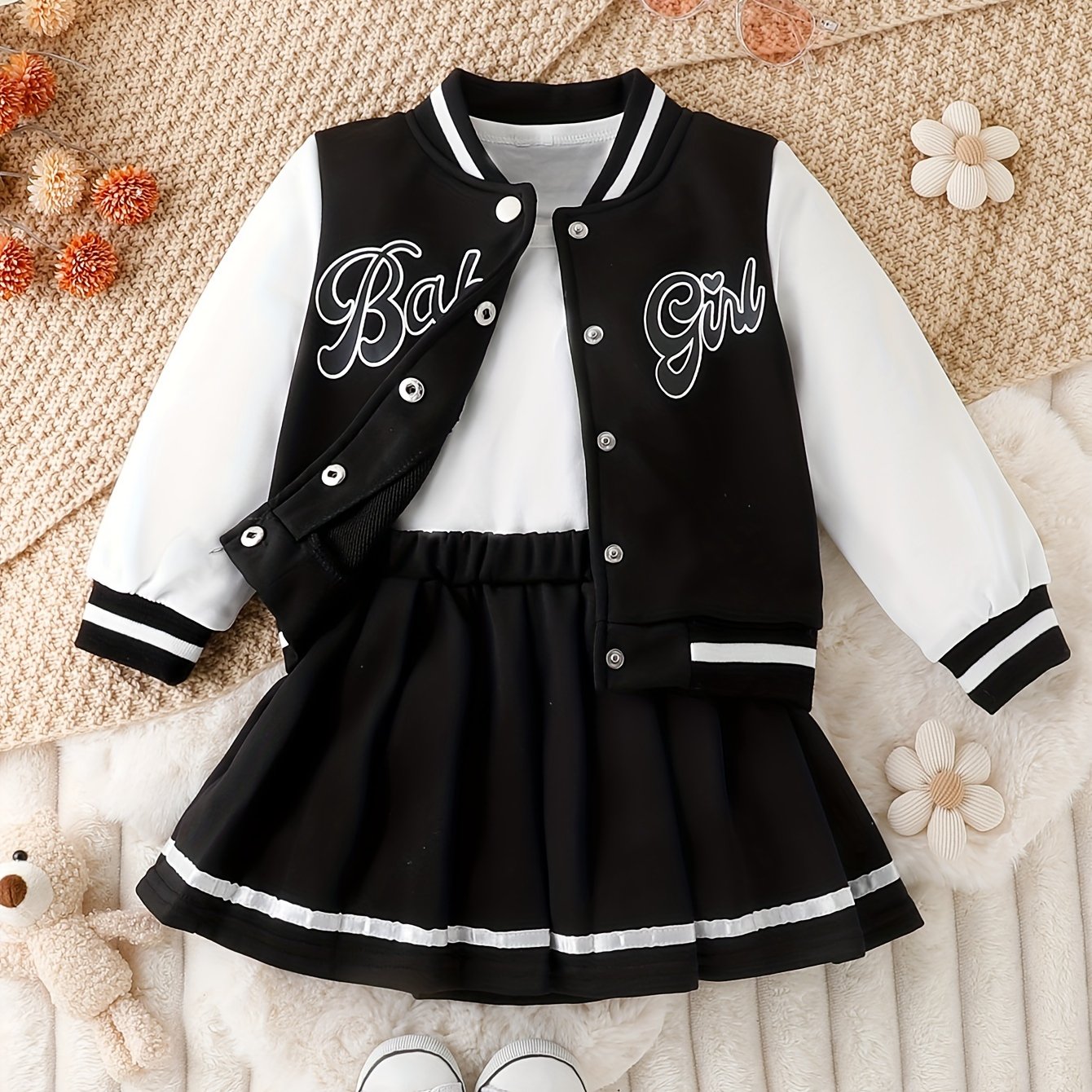 Girls Baby Girl 2-Piece Baseball Jacket and Pleated Skirt Set Fall Winter Cotton Blend