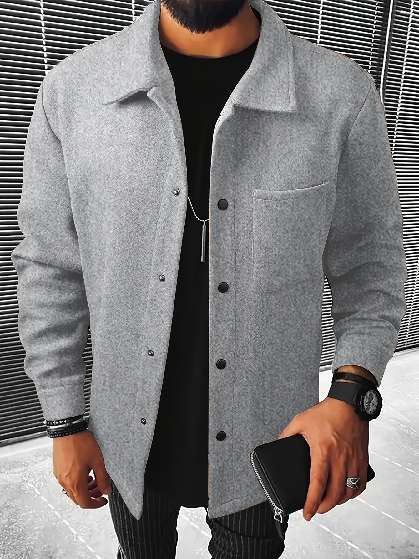 Men's Plus-Size Casual Wool Blend Jacket with Front Pocket and Turn-Down Collar