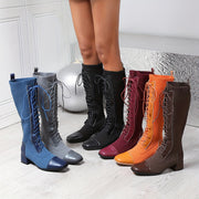 Women's Leather Square-Toe Boots with Elegant Straps and Low Heel