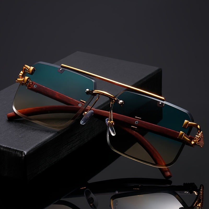 Vintage Green Gradient Glasses for Women with Leopard Print Metal Frame and Wooden Arms