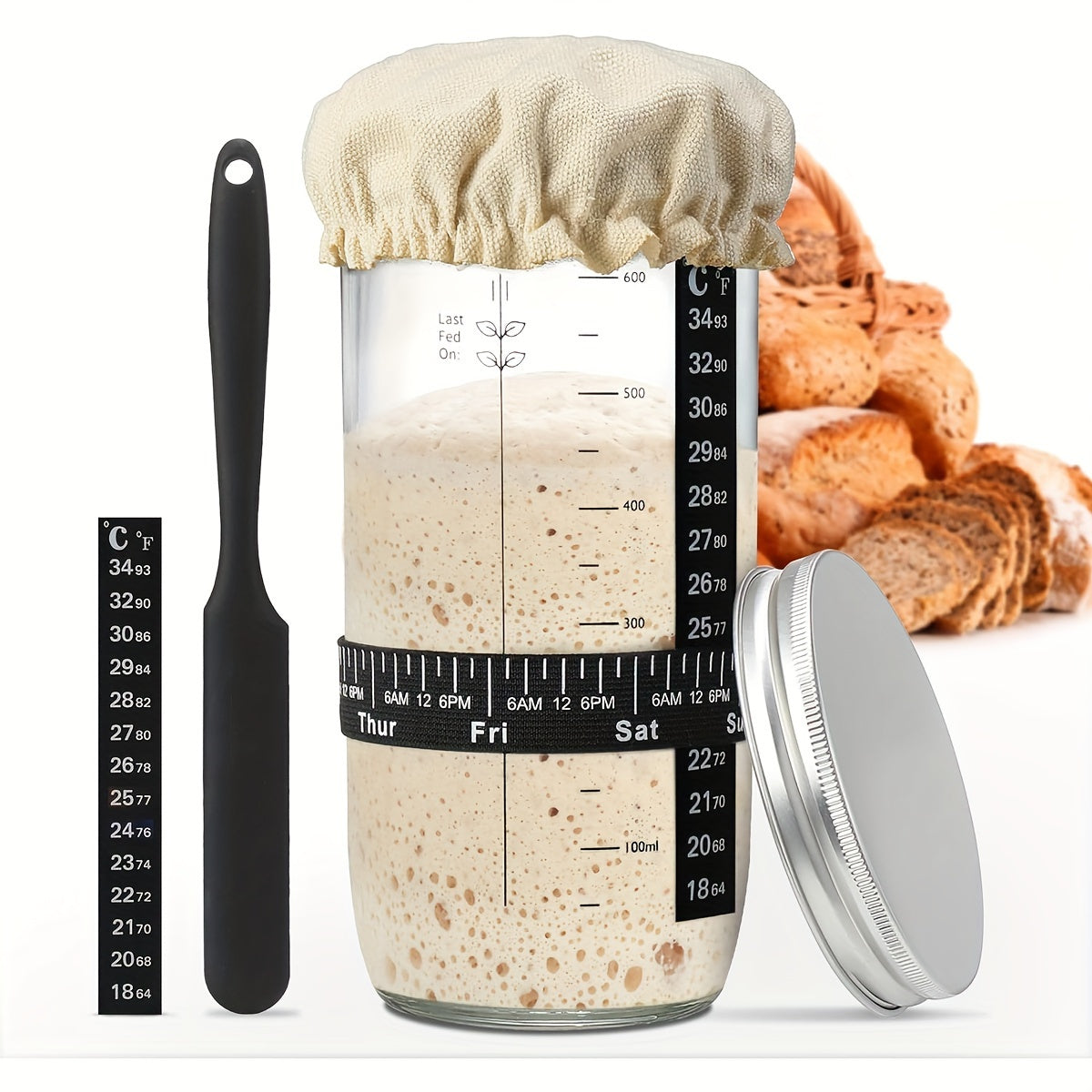 Sourdough Starter Kit with Glass Jar Thermometer Cloth Cover and Lid