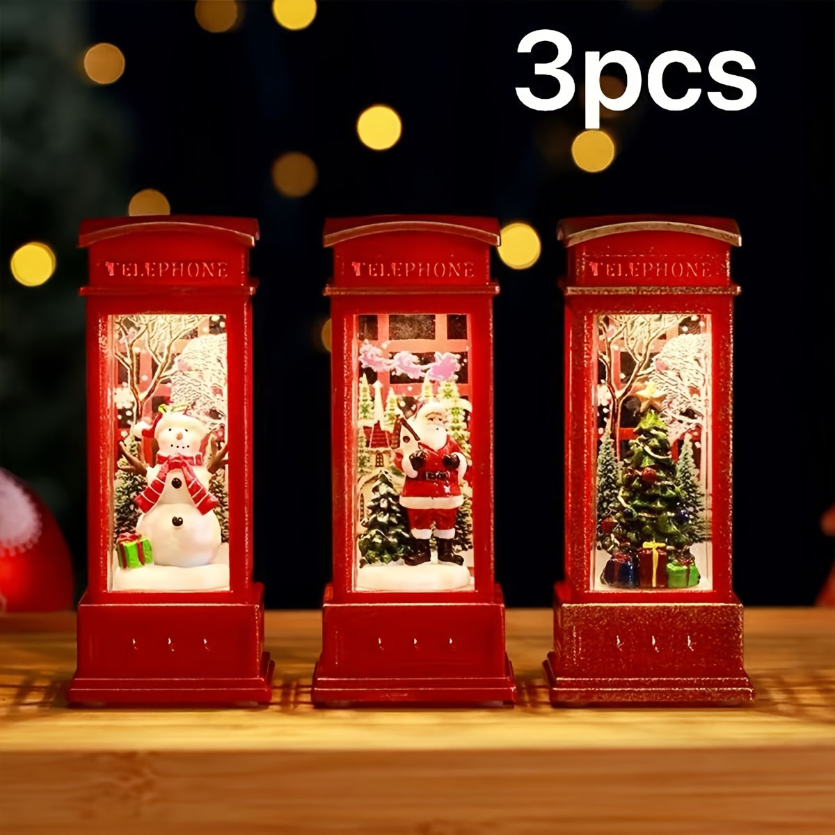 Festive Christmas Phone Booth Decoration with Santa Snowman Tree Scenes Battery-Operated Illuminated Red Cabinet