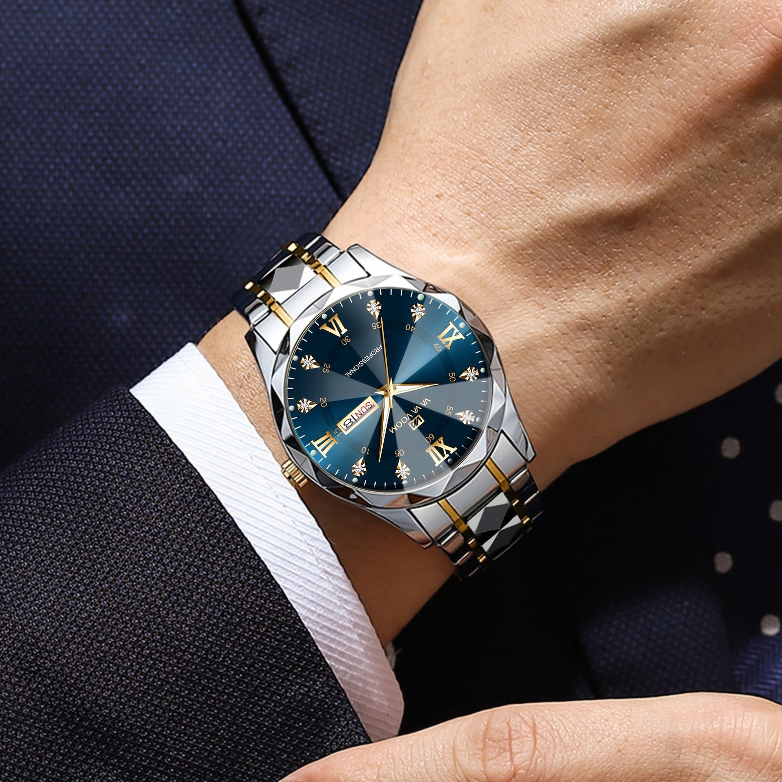 Men's Stainless Steel Watch with Night Glow Rhinestone Rivets Business Style