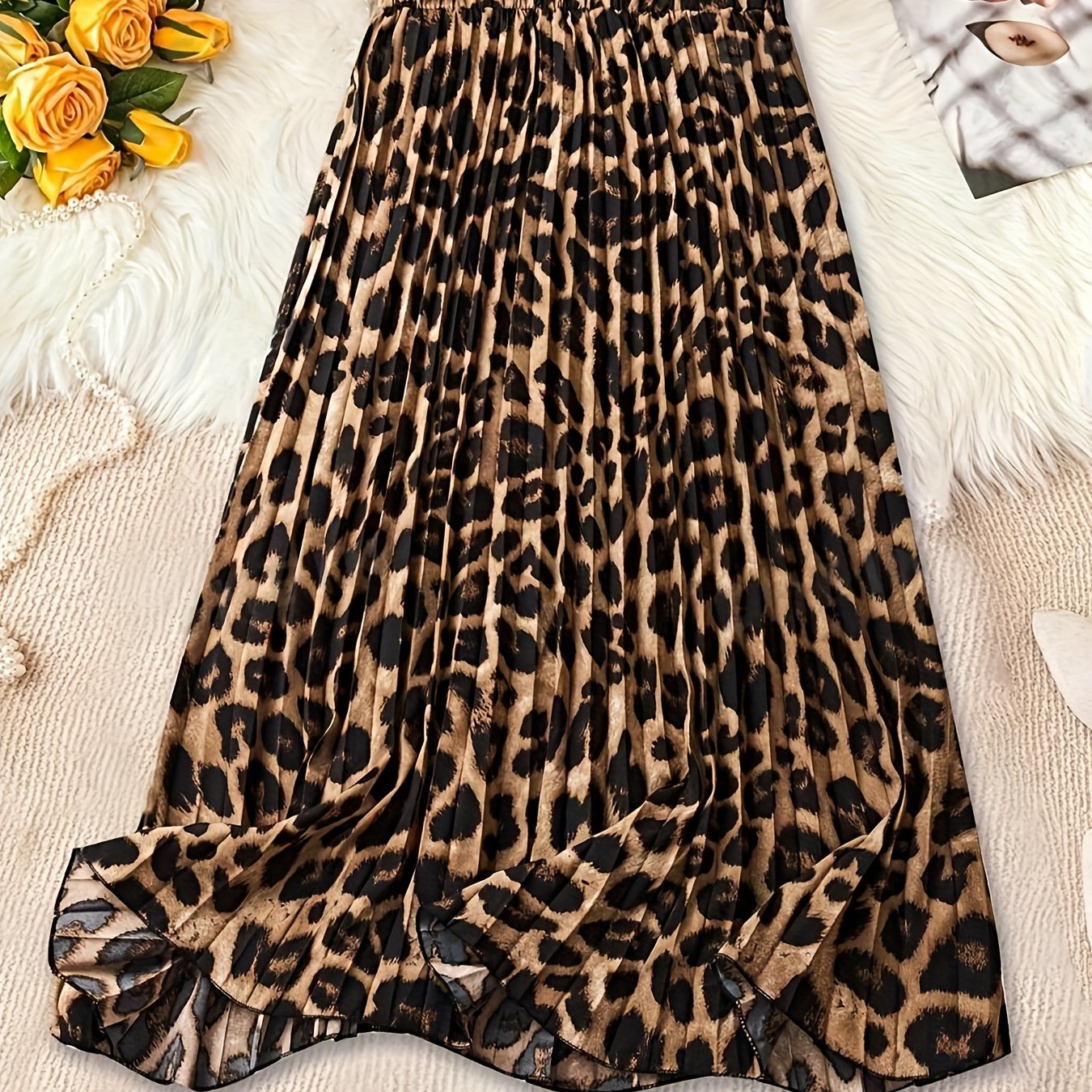 Леопардовая юбка с высокой талией и плиссировкой для женщин, лето, весна, длинная расклешенная мода